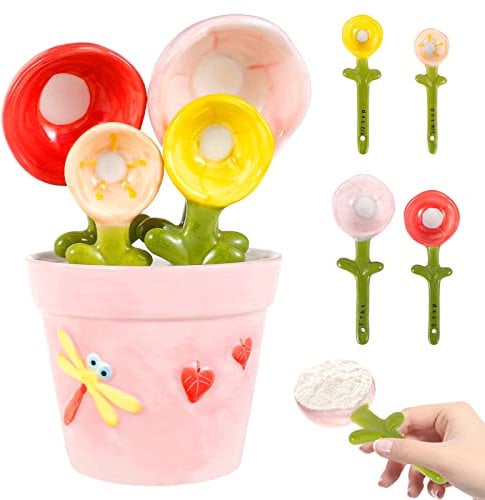 Caffney 4Pcs Porcelain Measuring Spoons Set with Base Cute Cactus Flower Shape Stirring Soup Spoon Reusable and Ceramic Flower Pot Measuring Spoon Set for Home Kitchen (Pink Flower)