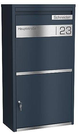 Graviers Design Paketbriefkasten personalisiert freistehend - pulverbeschichteter Stahl mit Edelstahl Namensschild Gravur - Briefkasten Rückholsperre Postbox für Pakete Briefe Paketbox Design 2