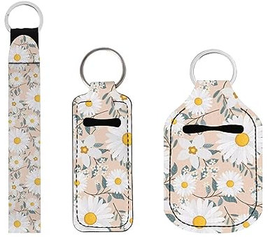 Suobstales 3 Stück Reiseflaschen-Schlüsselanhänger-Set Händedesinfektionsmittel-Halter mit Chapstick-Halter, Schlüsselanhänger für Damen und Herren, Gänseblümchen, Einheitsgröße