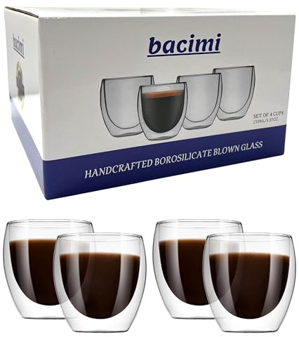 Bacimi® Doppelwandige isolierte Kaffeetassen (4 Stück/5 Unzen) – klare Borosilikatbecher – Thermo-Trinkbecher für Espresso, Cappuccino, Latte, Tee, Heißgetränke, Wein – mikrowellengeeignet