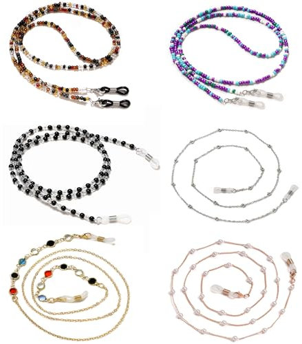 YUANST 6Pcs Eyeglass Chains, Eyeglasses Strap Glasses Lanyard Eyeglasses String Holder Eyeglass Holders Around Neck (6 Styles), Amber, Purple, Black, Gold, Silver, White, Large