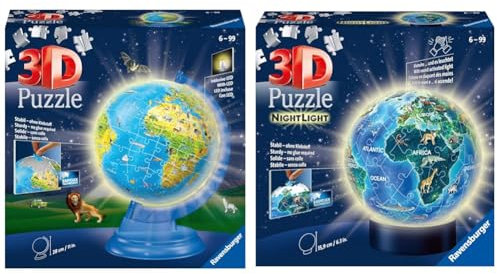 Ravensburger 3D Puzzle 11274 - Kinderglobus mit Licht in deutscher Sprache & 3D Puzzle Erde im Nachtdesign Nachtlicht 11844 - Puzzle-Ball - 72 Teile - für Globus Fans ab 6 Jahren