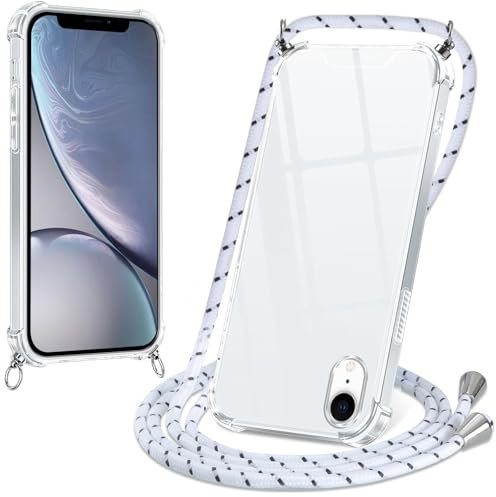 Xylota Coque avec Cordon pour iPhone XR 6,1,Etui avec Collier Réglable Laniere Tour de Cou Lanière Corde Lanyard,Transparente Silicone Souple TPU + PC Case Antichoc Protection Housse Cover,Blanc Gris
