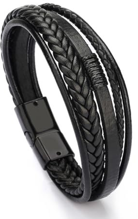 REQAG Herren Armband - Lerderarmband - Leder Armreif schwarz - geflochten Echtleder Breites Wickelarmband mit Magnet Verschluss 21 cm