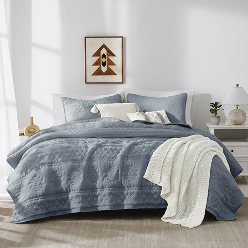 WDCOZY Boho-Steppdecken-Set für Doppelbett (Queen Size) mit 2 Kissenbezügen, Landhaus-Stil, leicht, weich, Bettdecke, Tagesdecke, für alle Jahreszeiten, 3-teilig, Blaugrau, 228,6 x 228,6 cm