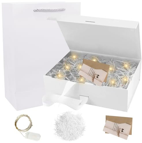 Geschenkbox 21*17*7cm Mit Deckel, Schleife, Karte, Tasche, Bast und Licht - Geschenkverpackung für Hochzeit, Weihnachten und Geburtstag