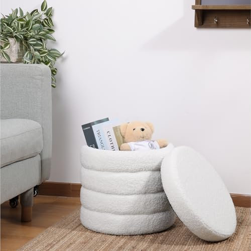 Navaris Sitzhocker Rund - Pouf Hocker mit Stauraum rund - Scandi Teddy Hocker rund - Plüsch Hocker Teddystoff - Boucle Hocker Schlafzimmer - Sitzhocker weiß - Ottomane