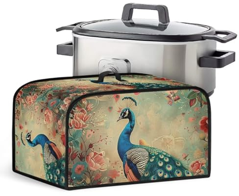 CREAMIC Housse de cocotte ovale paon avec poche en maille pour le rangement des petits appareils électroménagers, housse anti-poussière résistante aux taches pour mijoteuse de 6, 7, 8 litres