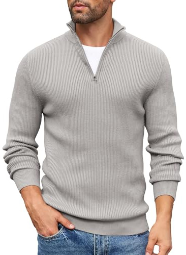 COOFANDY Jersey Hombre Invierno 1/4 Zip Cuello Alto Caliente Suéter Manga Larga Suéteres de Punto Cremallera Pullover Ajustado de Cuello Alto Gris Claro XXL