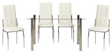 Pack Mesa y 4 sillas de Diseño | Conjunto de Comedor Completo x4 sillas | Juego de Mesa Cristal + Silla Cromado (Blanco)