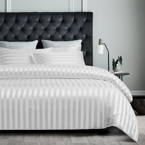 YASMENG Copripiumino in Raso 220 x 240 bianco a righe lucido Deluxe Parure da letto in raso morbido setoso seta biancheria da letto per 2 persone adulte con cerniera con federe 65 x 65 cm