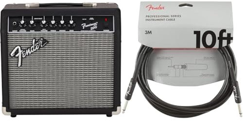 Fender Frontman 20G, Combo Guitar Amp, 20W, Suitable For Electric Guitar, Black & Professional Series Instrument Guitar Cable, 10 ft, Straight/Straight, Black, 3m