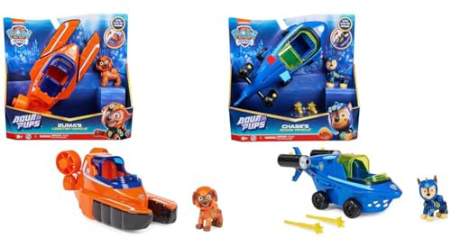 PAW PATROL, Aqua Pups - Basis Fahrzeug Spielzeugauto im Hummer-Design & Aqua Pups - Basis Fahrzeug Spielzeugauto im Hai-Design mit Chase Welpenfigur, Spielzeug geeignet für Kinder ab 3 Jahren