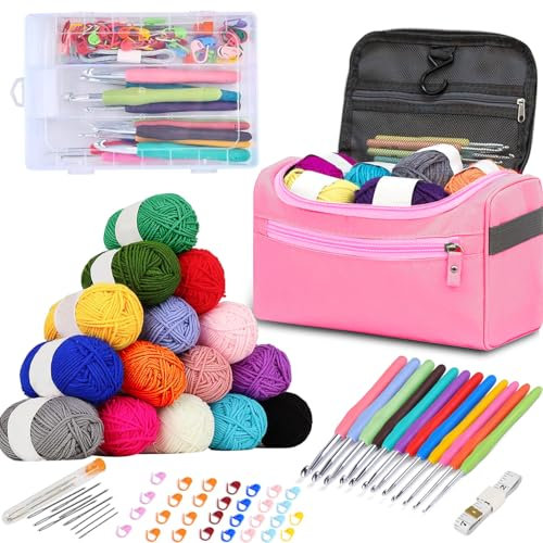 LOSYHU 69PCS Crochet Starter Kit for Beginners, Crochet Yarn Kit with 15 Crochet Yarns Metal Crochet Hooks Knitting Accessories Tools Storage Case Needles Crochet Kit for Adults (Pink)