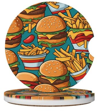 Niedliche Burger-Pommes-Auto-Getränkehalter-Untersetzer, 2-teiliges Set, 6,4 cm, Keramik-Kork-Unterseite, geeignet für Getränke, Tassen, Heimdekoration