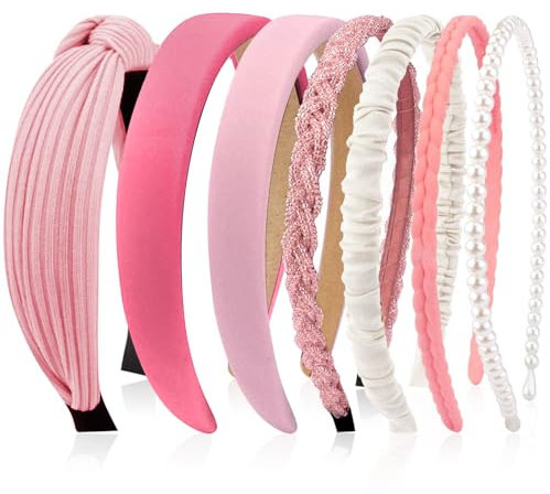Kotkiddy Set di 7 cerchietti per capelli da donna, diversi modelli, fasce per capelli, in plastica, per ragazze e donne (rosa)