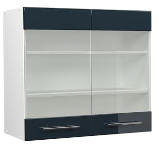 Vicco Küchenglasschrank Fame-Line, Glashängeschrank, Dunkelblau Hochglanz/Weiß, 80 cm