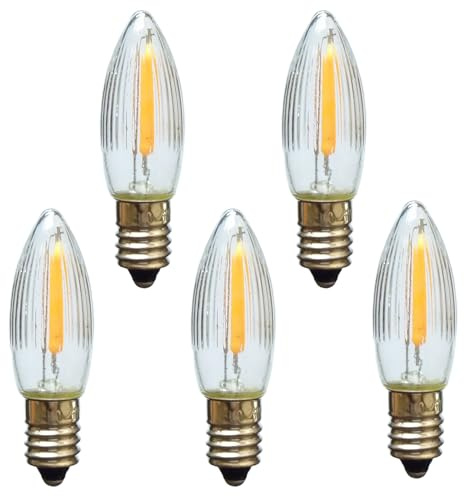 Erzgebirgslicht - AUSWAHL - 5 Stück LED Filament Topkerze 15 V 0,2 W für AUSSEN, für 15-16 Brennstellen E10 Riffelkerze Ersatzbirne Glühbirne Glühlämpchen für Lichterketten Pyramide Schwibbogen