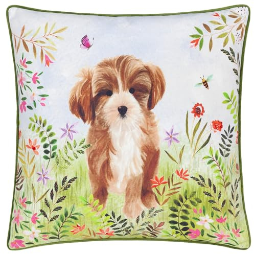 furn. Evans Lichfield Daisy Hill Charlie Polyester Filled Cushion – Hand Painted Embroidered Floral Dog Piped Decorative Pillow (Multicolour/Green – 45x45cm)