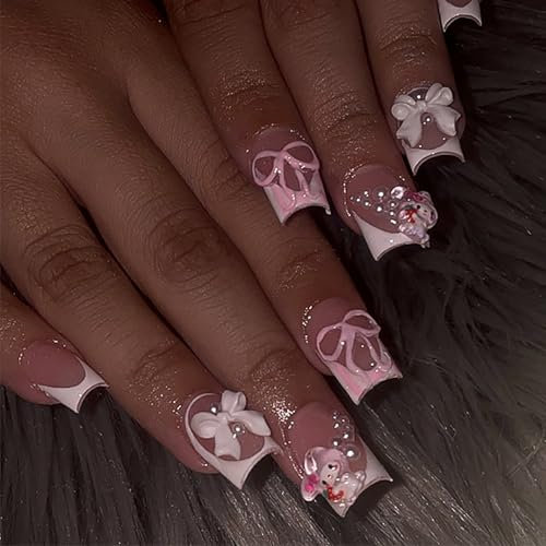 DMQ Short French Press on Nails, 24Pcs Square False Nails with White 3D Bow Flowers Rhinestone Designs, White French Fake Nail Acrylic Glue Nails Stick On Nail for Teenage Girls DIY Nail Art
