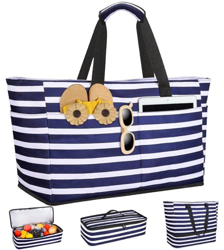 ISEYOU Strandtasche XXL Familie mit Kühltasche, Groß Strandtasche mit Reißverschluss Wasserdicht Sanddicht, Handtasche Damen 49L, Faltbar Badetasche für Urlaub Reisen Fitnessstudio Picknick