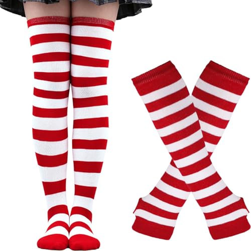 YeeHeen Womens Knee High Socks Arm Warmer Fingerless Gloves Set Long Knitted Gloves Socks Set Red White