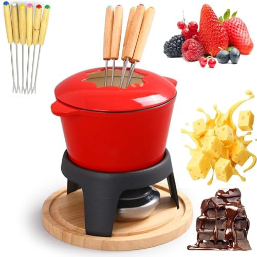 YZRDCXM Käsefondue-Sets, Fonduetopf-Set aus Gusseisen, Schokoladenschmelztopf mit 6 Fonduegabeln, Holzpalette, Antihaftbeschichtung, leicht zu reinigen, Schokoladenfondue for Rösten von Marshmallows
