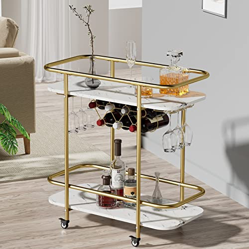 DAWNYIELD 2-Stöckiger Barwagen auf Rädern, mobiler Getränkewagen mit Weinregal und Glashalter, rollende Getränkeaufbewahrung mit Marmormusterplatte für Küche Wohnzimmer Bar(Gold)