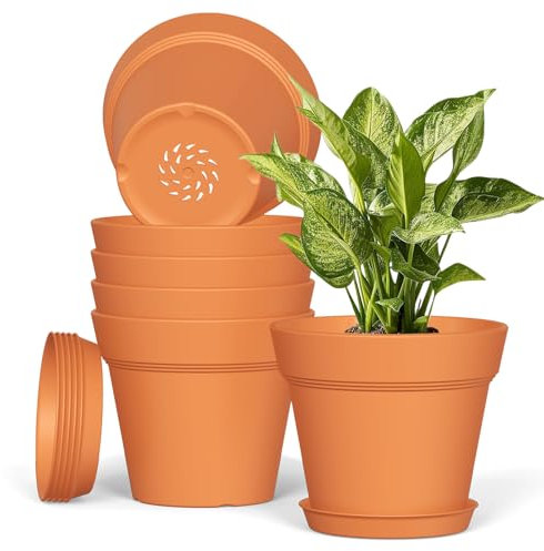 Plastic Plant Pots Indoor Outdoor, 6 Pack 6Inch/15CM Large Plant Pots Flower Pot with Drainage Holes and Tray,Modern Decorative Planter Pot for All House Plants(Terracotta)