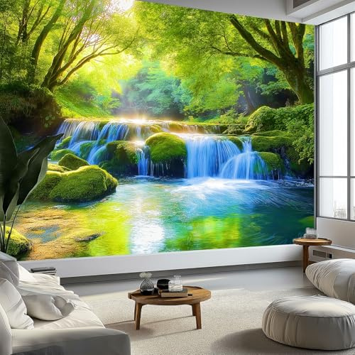 Naturlandschaft Fototapete 200 x 140 cm Wandtapete Poster-Tapete, Wald Wasserfall Moos Fels Wanddeko Design Wand Dekoration Wohnzimmer Schlafzimmer Büro Flur Fototapete