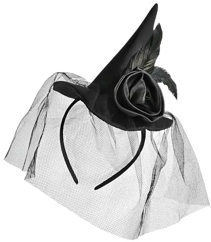 DIELIANHUA Hexenhut Haarreif, Hexenhut Stirnband Sexy mit Schleier, Federn, Rosen, Hexen Zubehör für Hexenkostüm, Halloween, Karneval