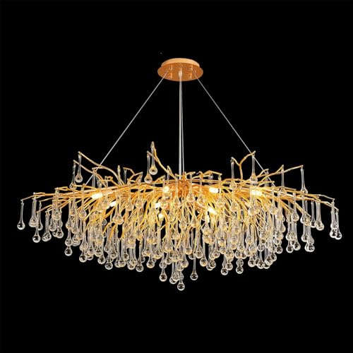 Leomix Eleganter Kronleuchter Aus Kristallbaumzweigen, Goldene, Luxuriöse, Rechteckige Pendelleuchte Mit 10 Lichtern, Hohe Deckenleuchte Für Schlafzimmer, Wohnzimmer Und Esszimmer, Länge 100Cm