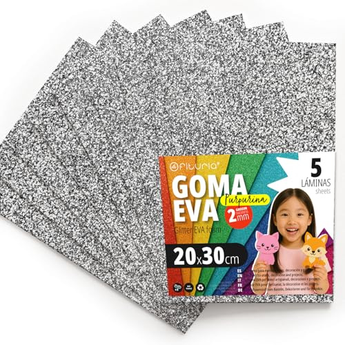 OFITURIA Glitzer-Moosgummi für Bastelarbeiten, Bunter Schaumstoff mit Glitzer für DIY, kreative Projekte, Kunst und Schule 20x30cm (Silber, 5 Stk)