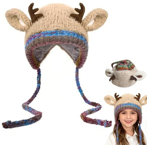 CHENRI Festive Christmas Antler Hat & Bag 2-in-1, Verwandelbare Weihnachtsmütze & Tasche, Verstellbare Weihnachts-Plüschmützen, Ohrenschützmütze, Warme Strickmütze Geschenk für Damen Mädchen