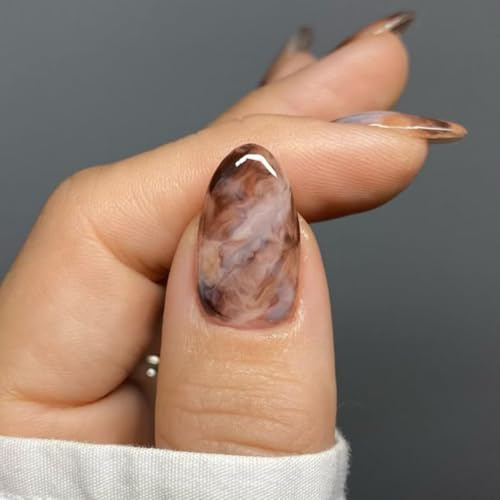 BelleFlair 24PCS Short Press on Nails Almond Shape, Brown False Nails with Glossy Smoky Marble Design, Full Cover Reusable Stick on Fake Nail for Women, Spring Nail