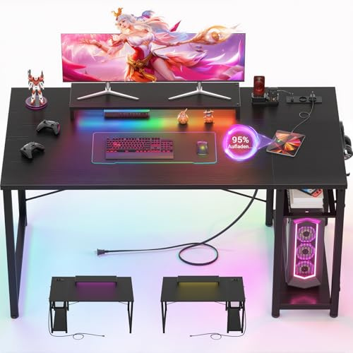 iSunirm Bureau Gaming avec LED et Prises – Bureau PC avec Support Écran Ergonomique – Poste de Travail et Jeu Stable Table Informatique Bureau Gamer 120x50x75 cm Meubles de Bureau Noir