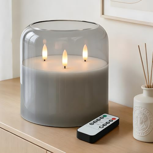 Gray 3 Wick Glass Real Wax Flameless Battery-Operated LED Pillar Candle | 6x6 inch Extra Large Candle with Remote and Timer 3D Flickering Flame, Perfect for Festival, Wedding and Home Party Decor