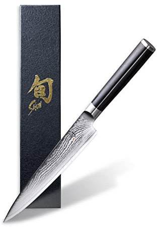KAI Shun Classic japanisches Allzweckmesser Linkshänder 15 cm Klingenlänge - Damastmesser 32 Lagen VG MAX Kern - 61 (±1) HRC - Griff aus Pakkaholzgriff - Made in Japan, kleines Kochmesser geschmiedet