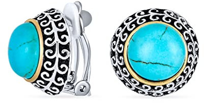 Bali Stil Zweifarbiges Knopf Design Blau Simulierter Blauer Türkis Kuppel Clip On Ohrringe Für Frauen Ohne Durchstochene Ohren Silber Gold Plattiert