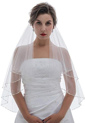 2T 2 Stufe Pearl Kristall Perlen Hochzeit Schleier V425 - Elfenbein Fingerspitze Länge 36 Zoll