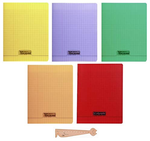 Lot de 5 Cahiers 17 x 22-96 pages - couverture polypro - grands carreaux + 1 Règle Marque-Page en Bois Blumie