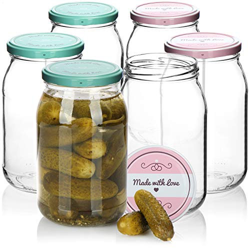 com-four® 6x bocaux de conservation avec couvercle à vis Made with love en vert et rose - TO Ø 82 mm - quantité de remplissage recommandée env. 920 ml - jusqu'au bord du verre : env. 948 ml