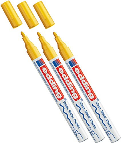 Edding Glanz-Lack-Marker - Rundspitze - Kreatives Gestalten von fast allen Oberflächen (z.B. Glas, Karton, dunkles Papier, Keramik, Stein) (1-2 mm, gelb, 3)