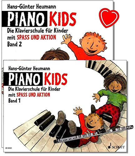 Piano Kids Band 1 und 2 - Klavierschule von Hans-Günter Heumann - Zwei Lehrbücher mit herzförmiger Notenklammer und Piano-Bleistift