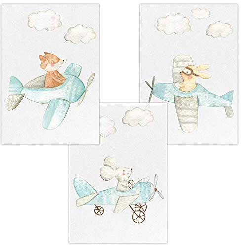 Olgs Kinderzimmer 3er Poster Bilder Set | Deko Wandbilder | Piloten Wolken Bilder Wandposter DIN A4 | Tiere Fuchs, Maus, Hase Wanddeko für Babyzimmer