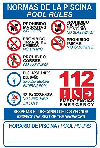 akrocard - Cartel Resistente PVC - NORMAS DE PISCINA + POOL RULES - Señaletica de informacion - señal Ideal para Colgar y Advertir