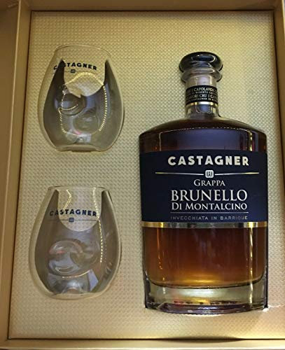 Grappa BRUNELLO DI MONTALCINO Bottiglia da 50 cl Castagner Invecchiata in barrique Cofanetto con 2 bicchieri