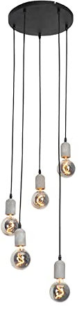 QAZQA - Industrie I Vintage I Industrie I Vintage I Hängelampe I Pendellampe I Pendelleuchte schwarz mit Beton rund 5-flammig-Licht - Pedra I Wohnzimmer I Schlafzimmer - SteinI Rund - LED geeignet E27