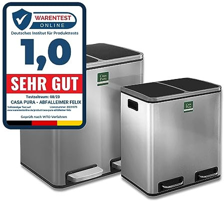 Floordirekt Mülleimer Felix - Abfalleimer mit Schließdämpfer - optimale Mülltrennung - herausnehmbare Behälter mit Henkel (2 x 30 Liter, Edelstahl)