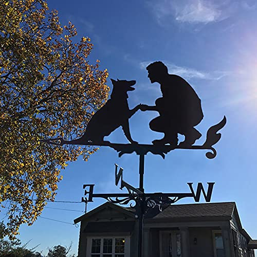TinaDeer Wetterfahne Wetterhahn Mensch und Hund Motiv Form Retro Hohl Geschnitztes Design Windrichtungsanzeiger Windspiel Metall Decoration für Garten Hinterhof Terrasse Hof Dach Ornament (Schwarz)